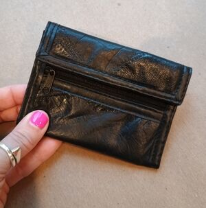 Black Leather Patchwork Tri Fold Wallet With Coin Purse